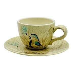 Red Wing Pottery Cup Saucer‎ Set Quail Bird Hand Painted MCM  Made in USA